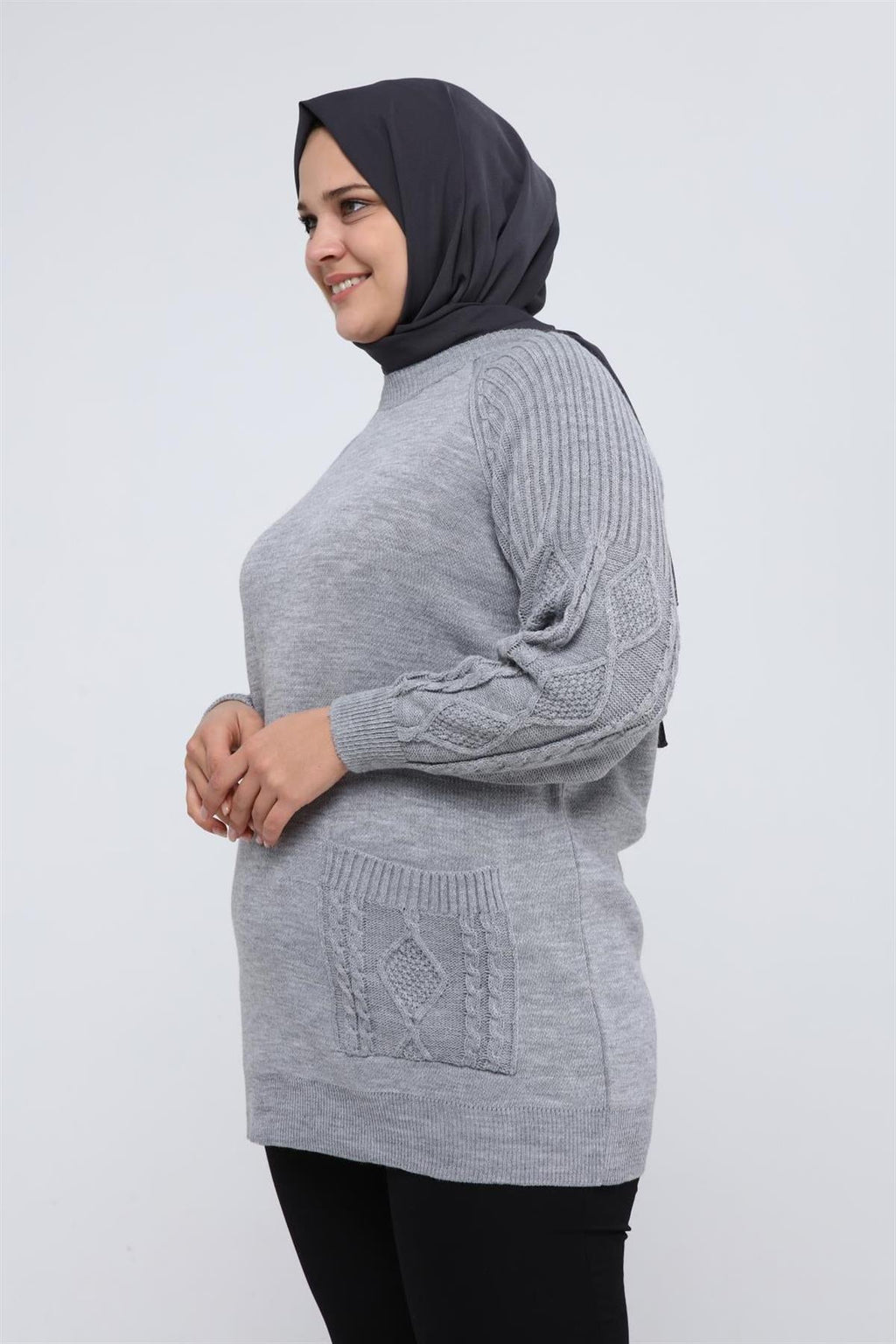 Lyra Kolu Saç Örgülü Cepli Triko Tunik - Gri