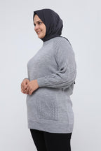 Lyra Kolu Saç Örgülü Cepli Triko Tunik - Gri