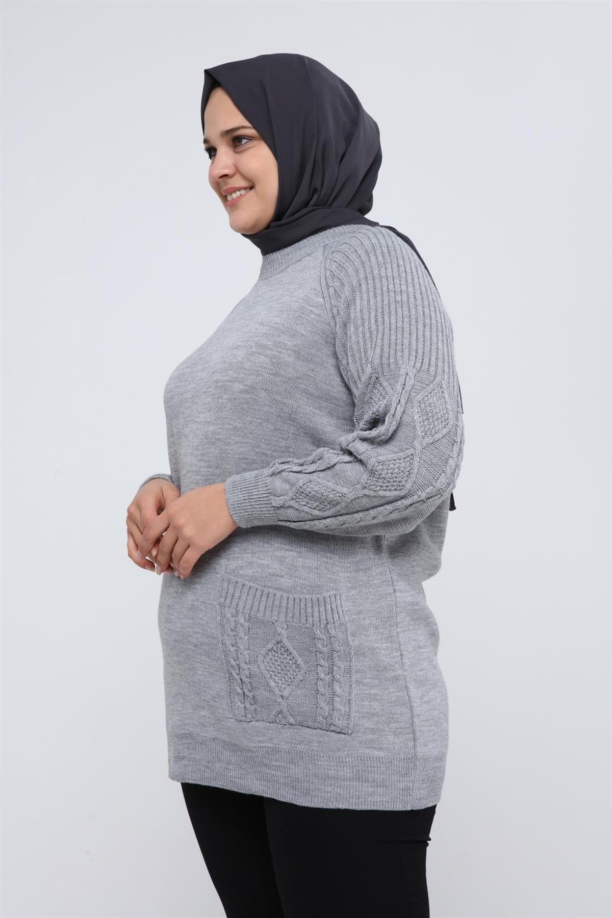 Lyra Kolu Saç Örgülü Cepli Triko Tunik - Gri