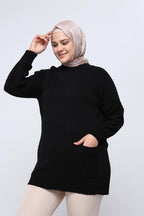 Lyra Kolu Saç Örgülü Cepli Triko Tunik - Siyah