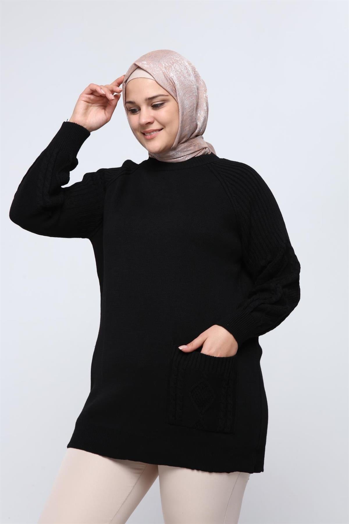 Lyra Kolu Saç Örgülü Cepli Triko Tunik - Siyah