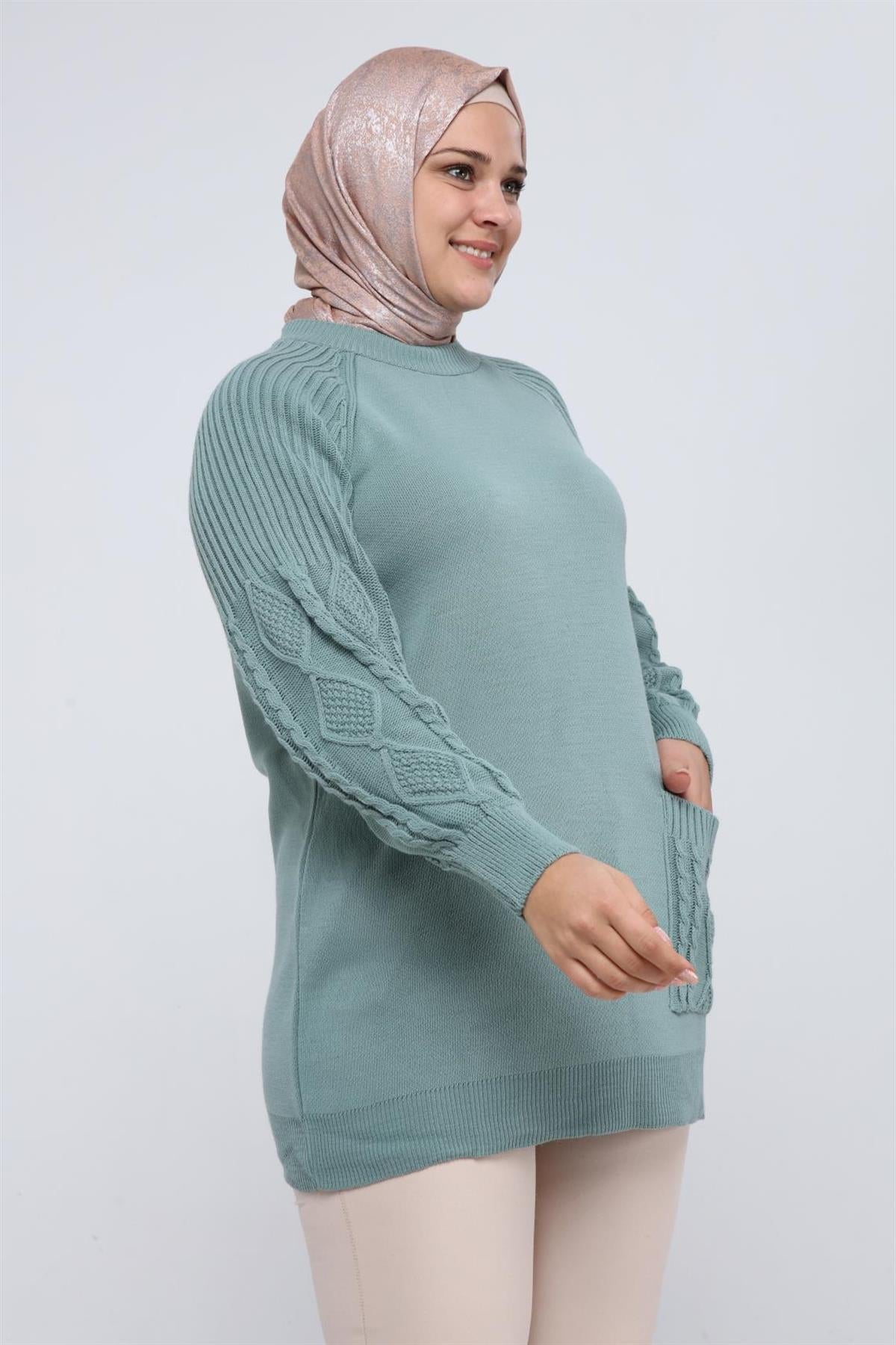Lyra Kolu Saç Örgülü Cepli Triko Tunik - Çağla Yeşili