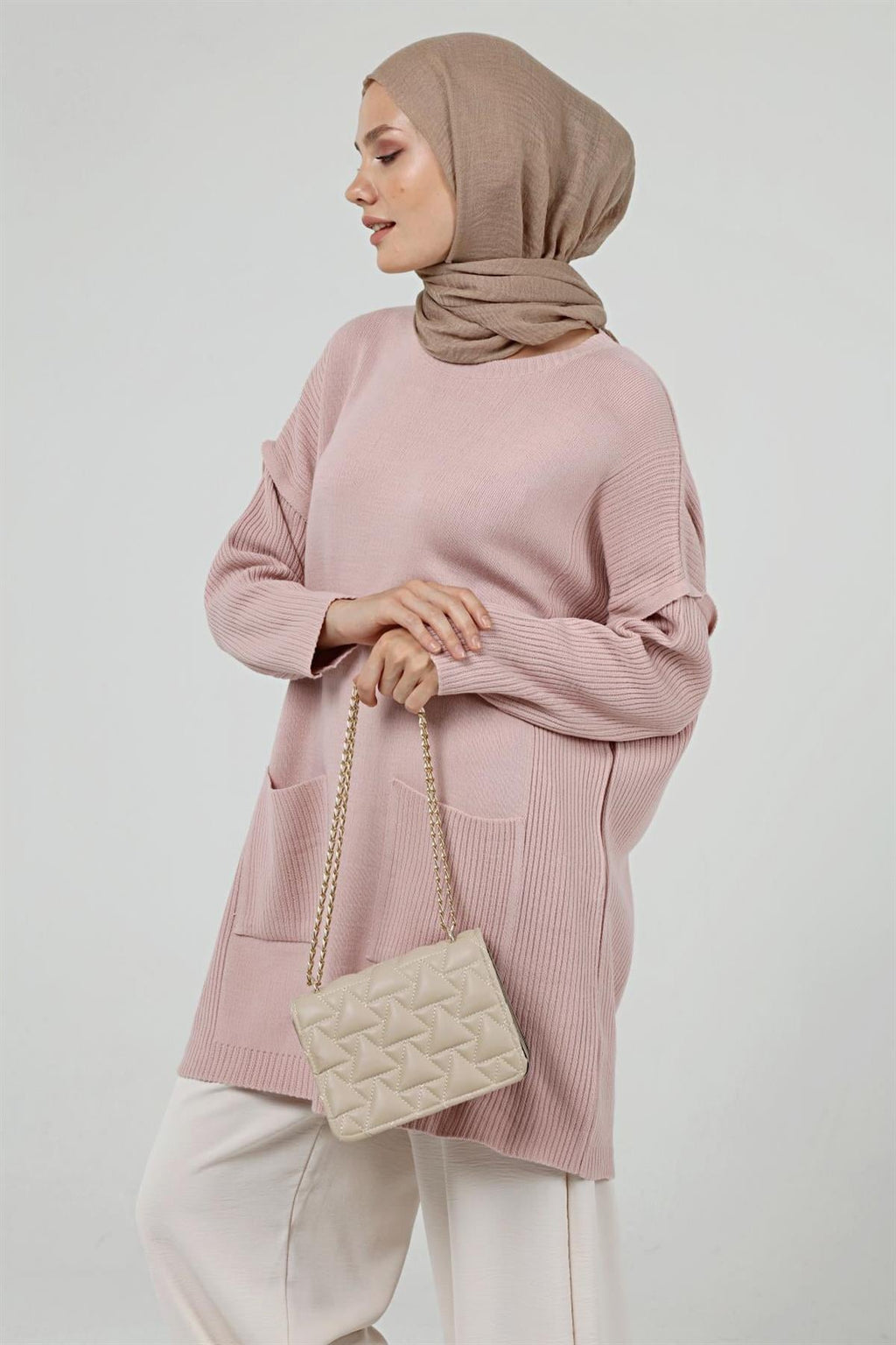 Cora Cepli Uzun Triko Tunik - Pudra Pembe