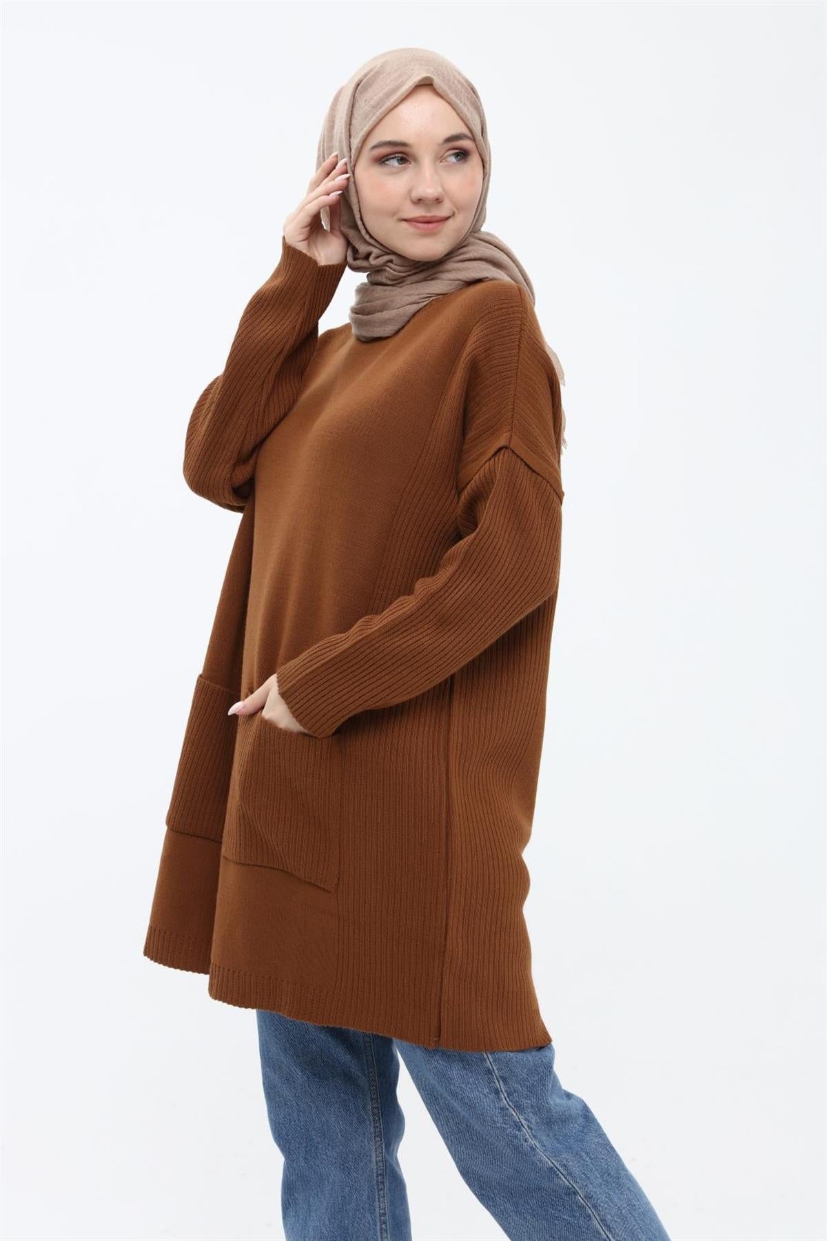 Cora Cepli Uzun Triko Tunik - Taba