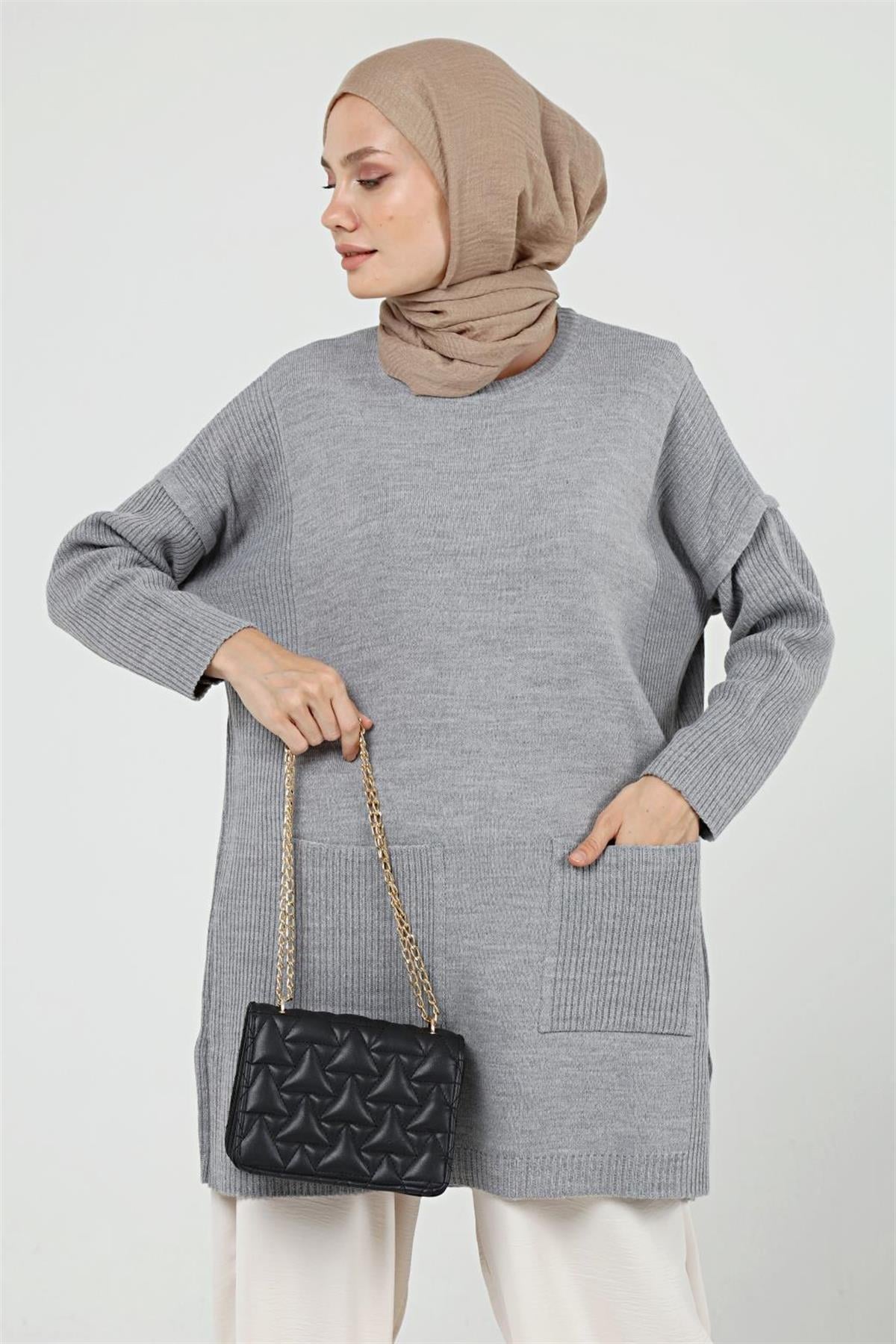 Cora Cepli Uzun Triko Tunik - Gri
