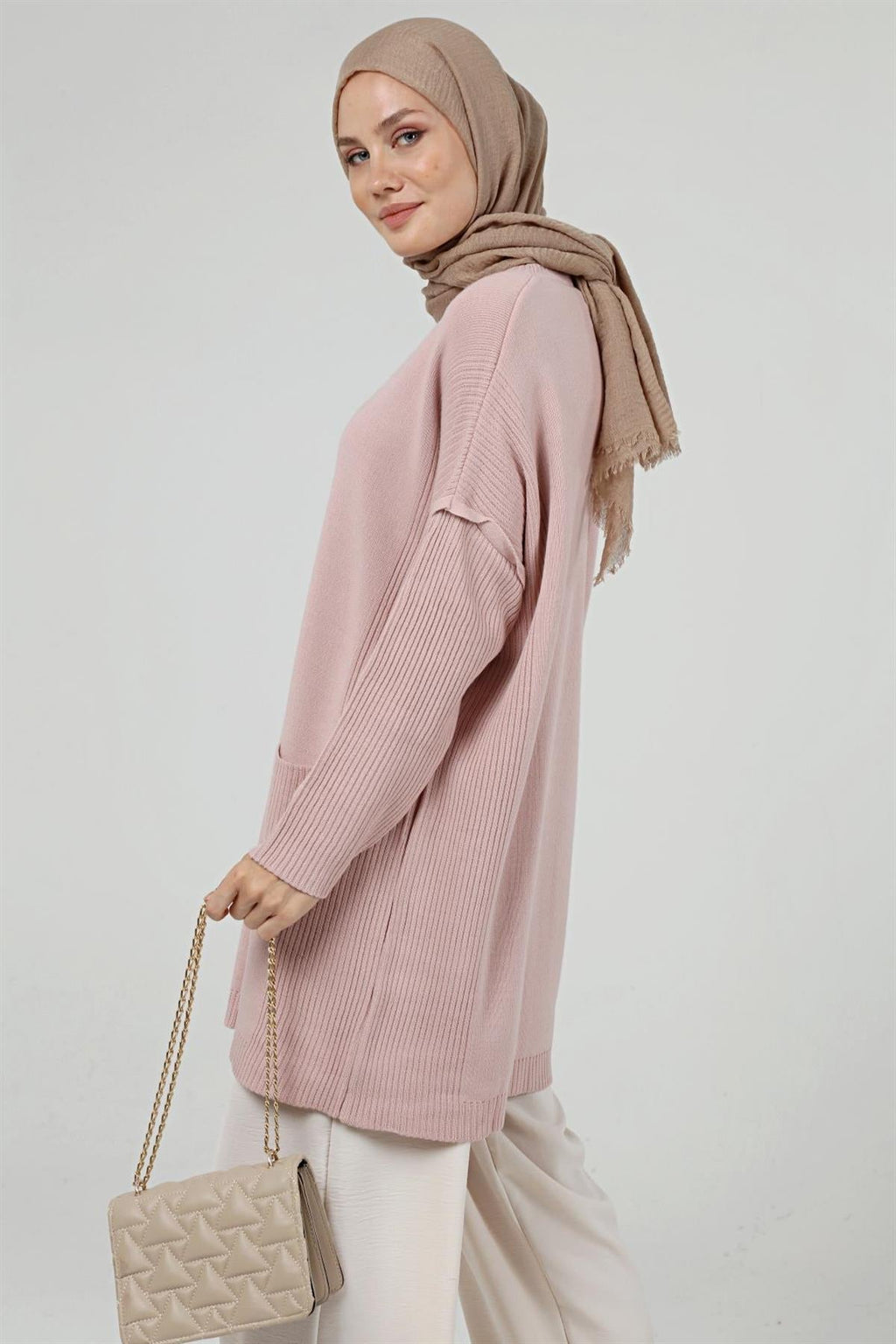 Cora Cepli Uzun Triko Tunik - Pudra Pembe