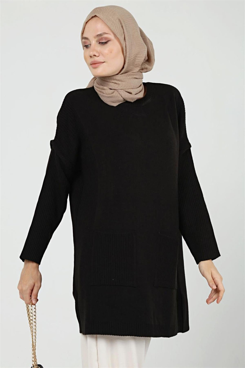 Cora Cepli Uzun Triko Tunik - Siyah