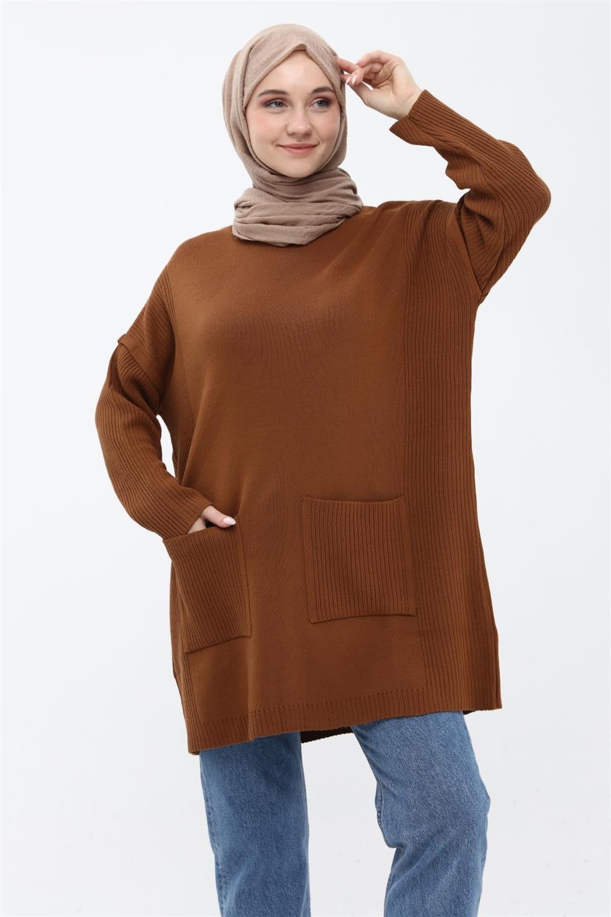 Cora Cepli Uzun Triko Tunik - Taba