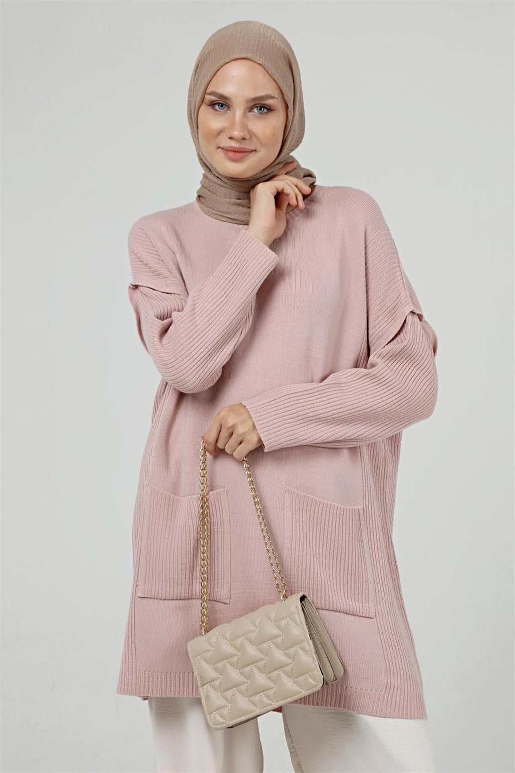 Cora Cepli Uzun Triko Tunik - Pudra Pembe