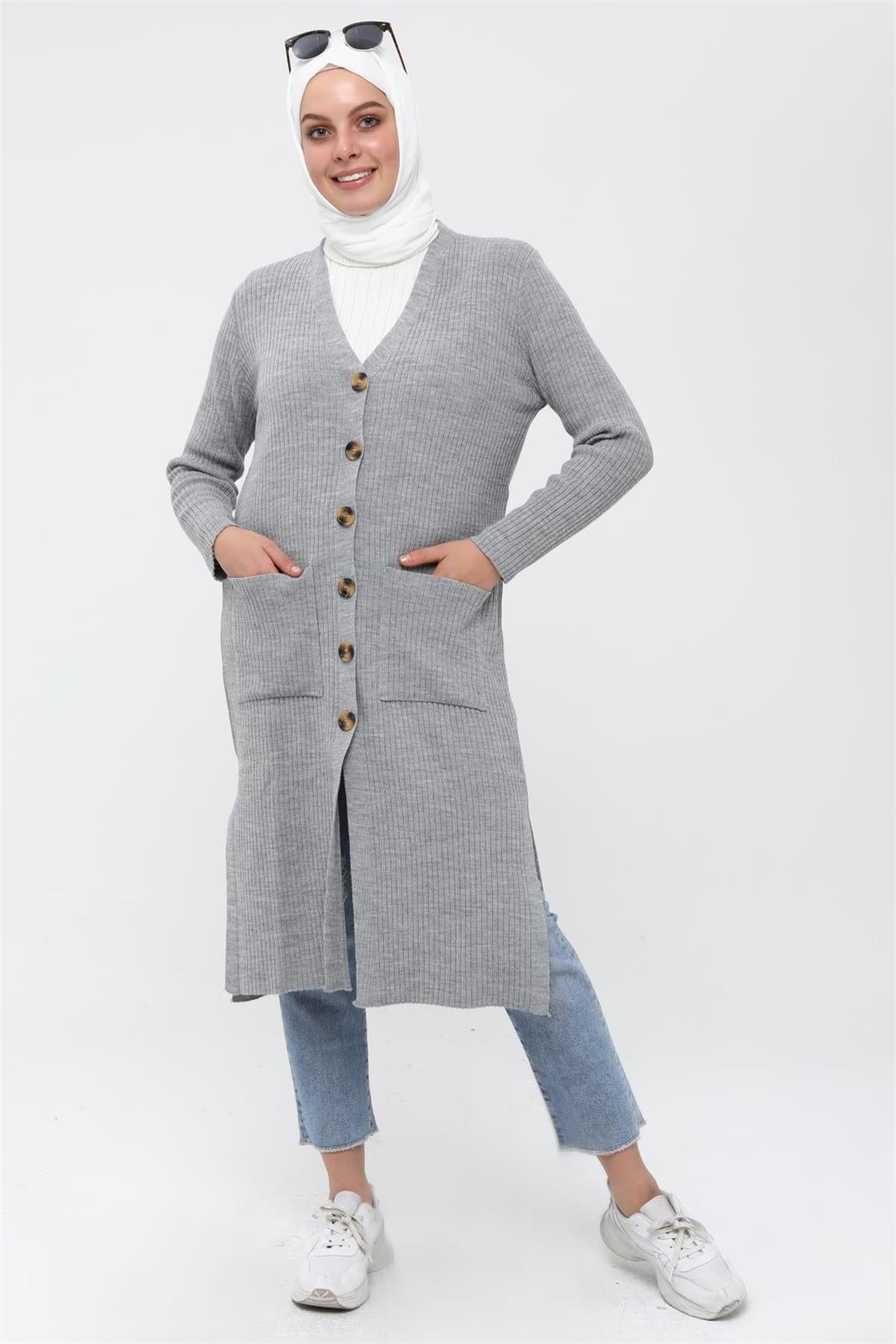 Iva Çift Cepli Düğmeli Uzun Hırka - Gri