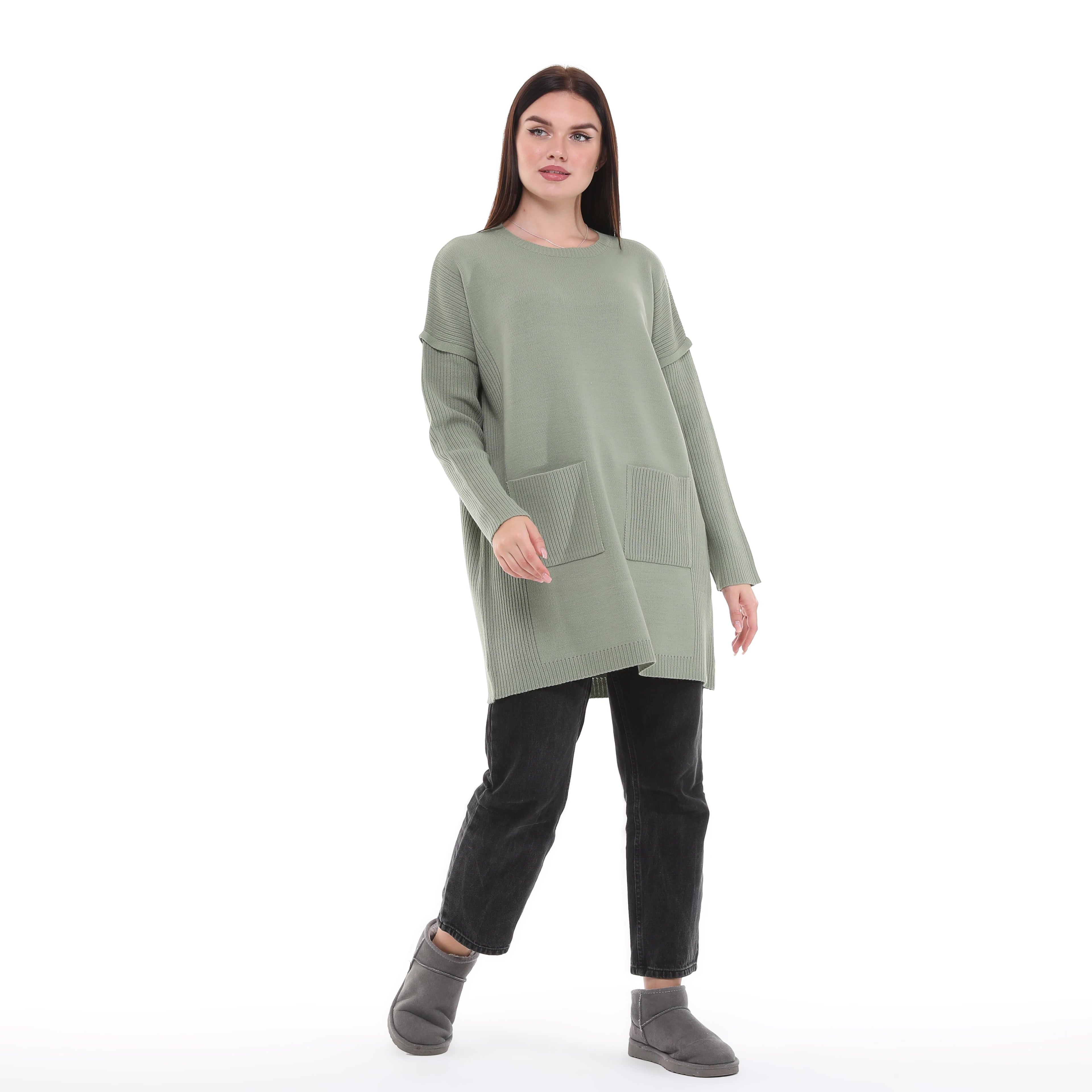 Yeşil Çift Cepli Uzun Triko Tunik - Yeşil