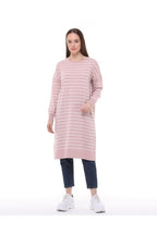 Vera Çizgili Uzun Triko Tunik - Pudra Pembe