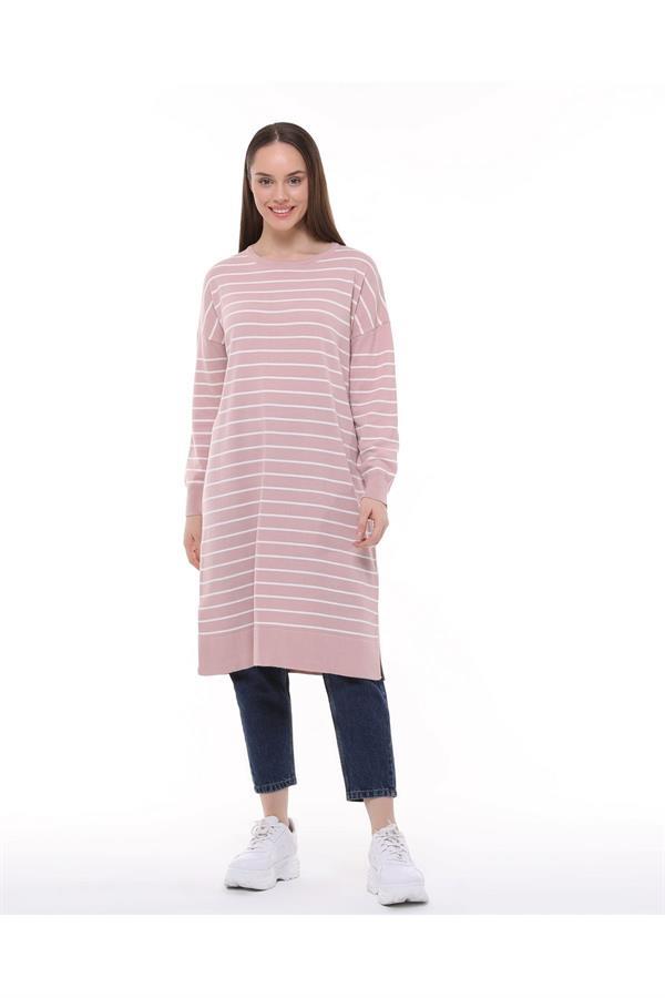 Vera Çizgili Uzun Triko Tunik - Pudra Pembe