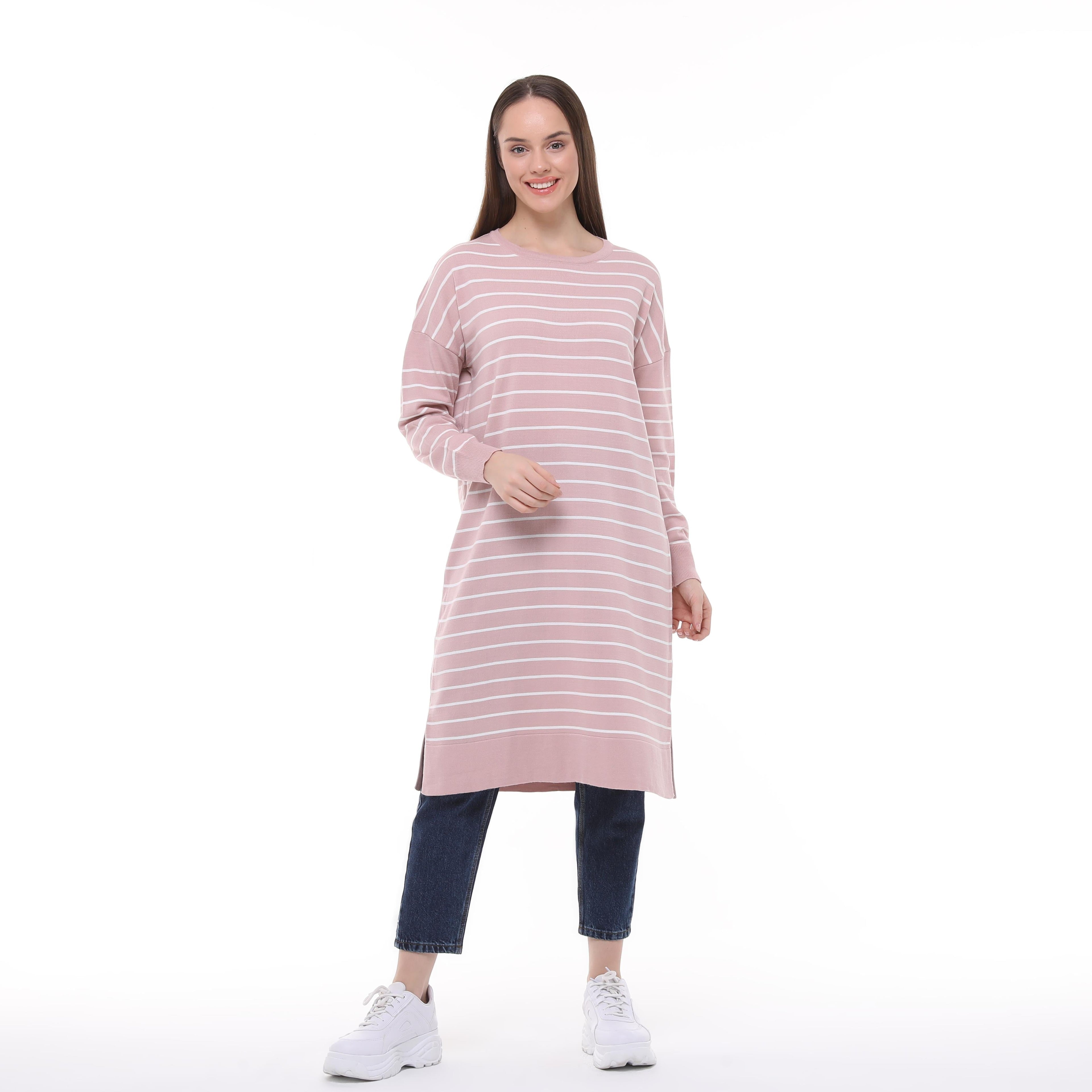 Vera Çizgili Uzun Triko Tunik - Pudra Pembe