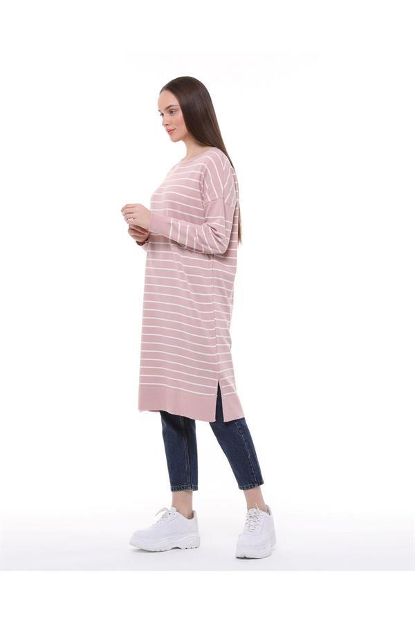 Vera Çizgili Uzun Triko Tunik - Pudra Pembe