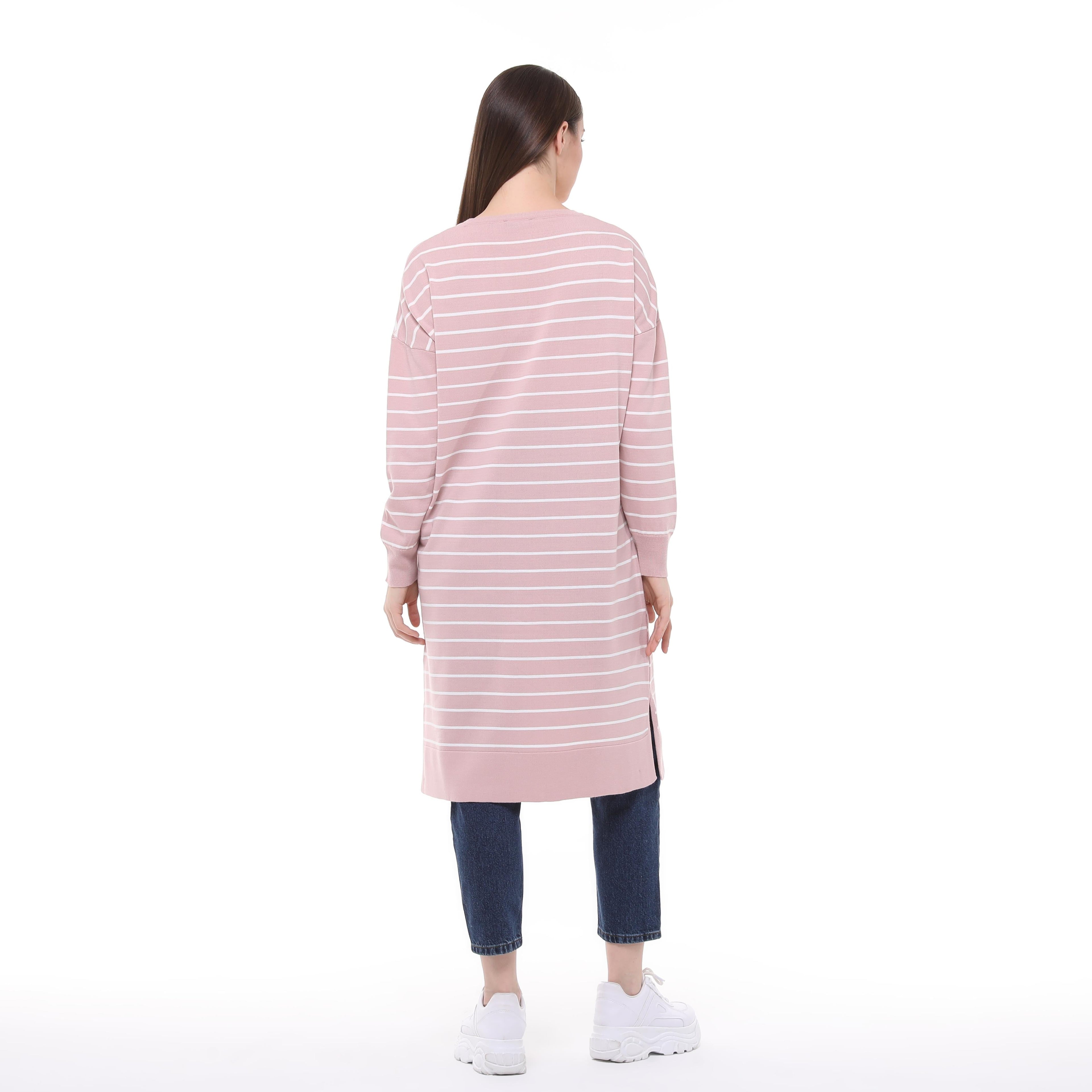 Vera Çizgili Uzun Triko Tunik - Pudra Pembe