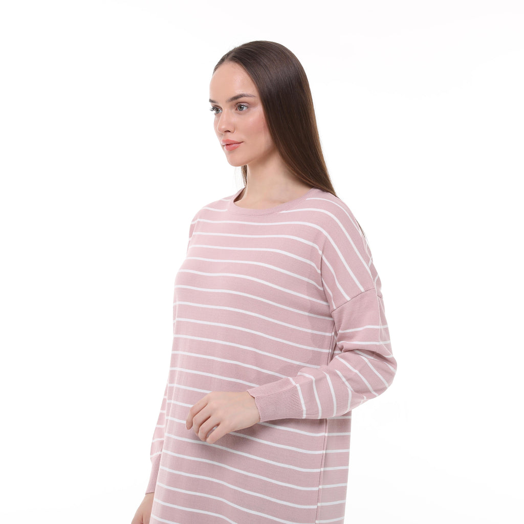 Vera Çizgili Uzun Triko Tunik - Pudra Pembe