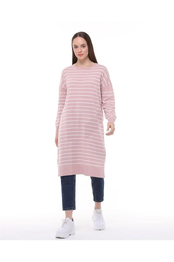 Vera Çizgili Uzun Triko Tunik - Pudra Pembe