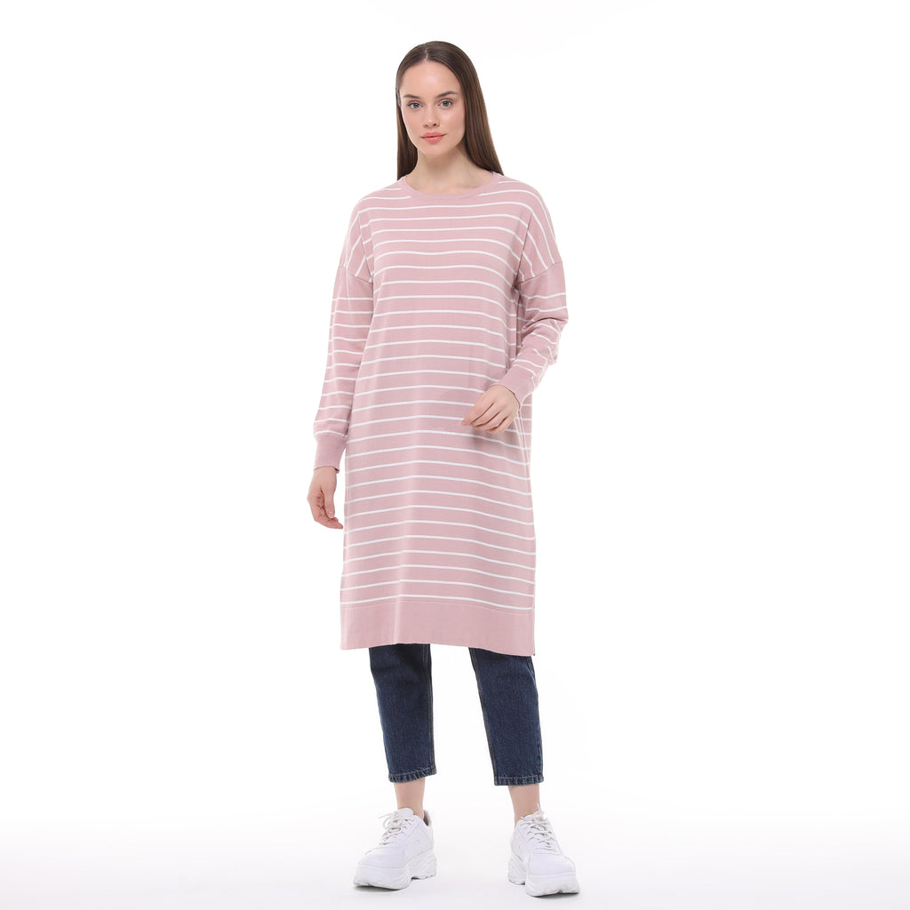 Vera Çizgili Uzun Triko Tunik - Pudra Pembe
