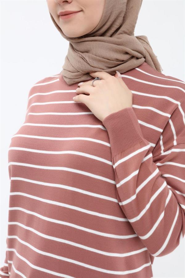 Vera Çizgili Uzun Triko Tunik - Pudra Pembe