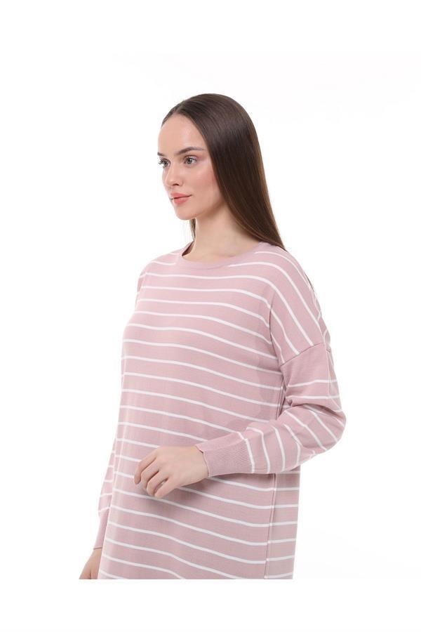 Vera Çizgili Uzun Triko Tunik - Pudra Pembe