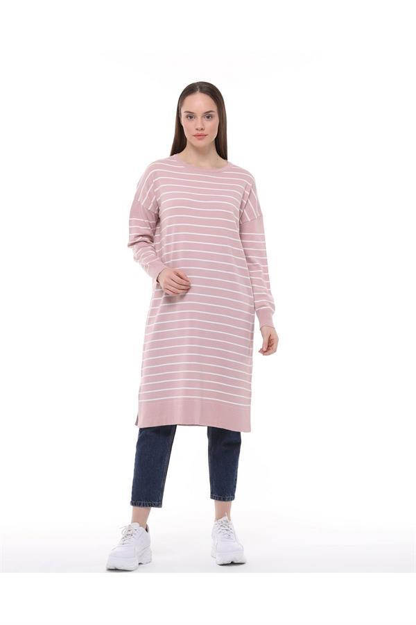 Vera Çizgili Uzun Triko Tunik - Pudra Pembe