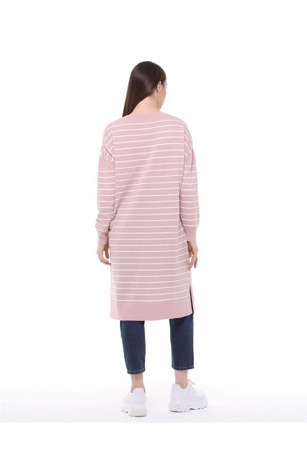 Vera Çizgili Uzun Triko Tunik - Pudra Pembe