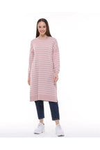 Vera Çizgili Uzun Triko Tunik - Pudra Pembe