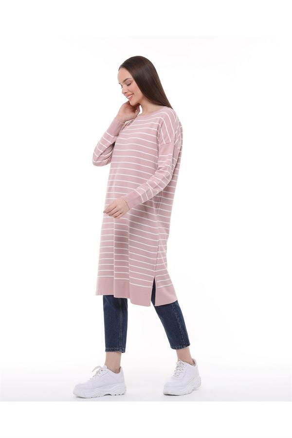 Vera Çizgili Uzun Triko Tunik - Pudra Pembe