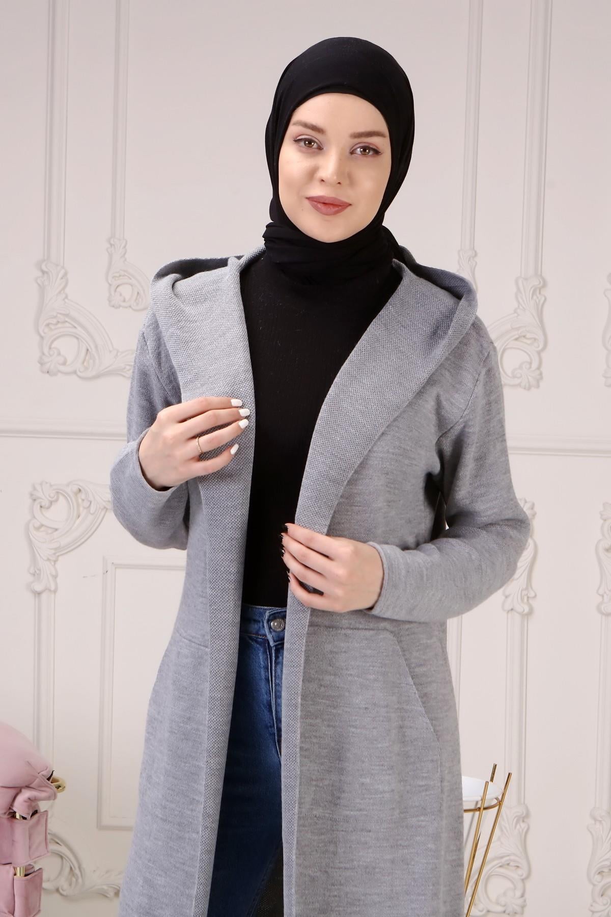 Pera Kapüşonlu Triko Uzun Hırka - Gri