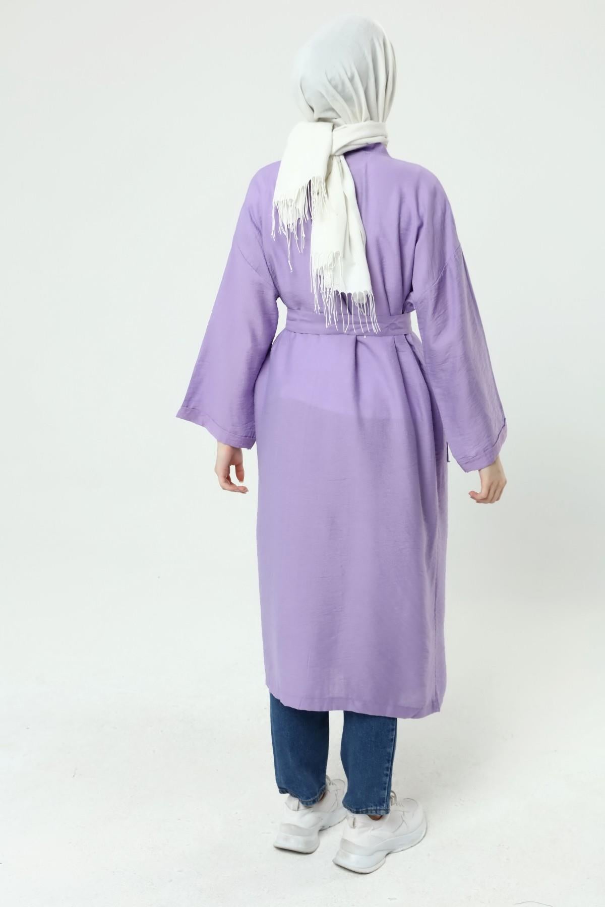 Ciel Kemerli Çift Cepli Kimono - Lila