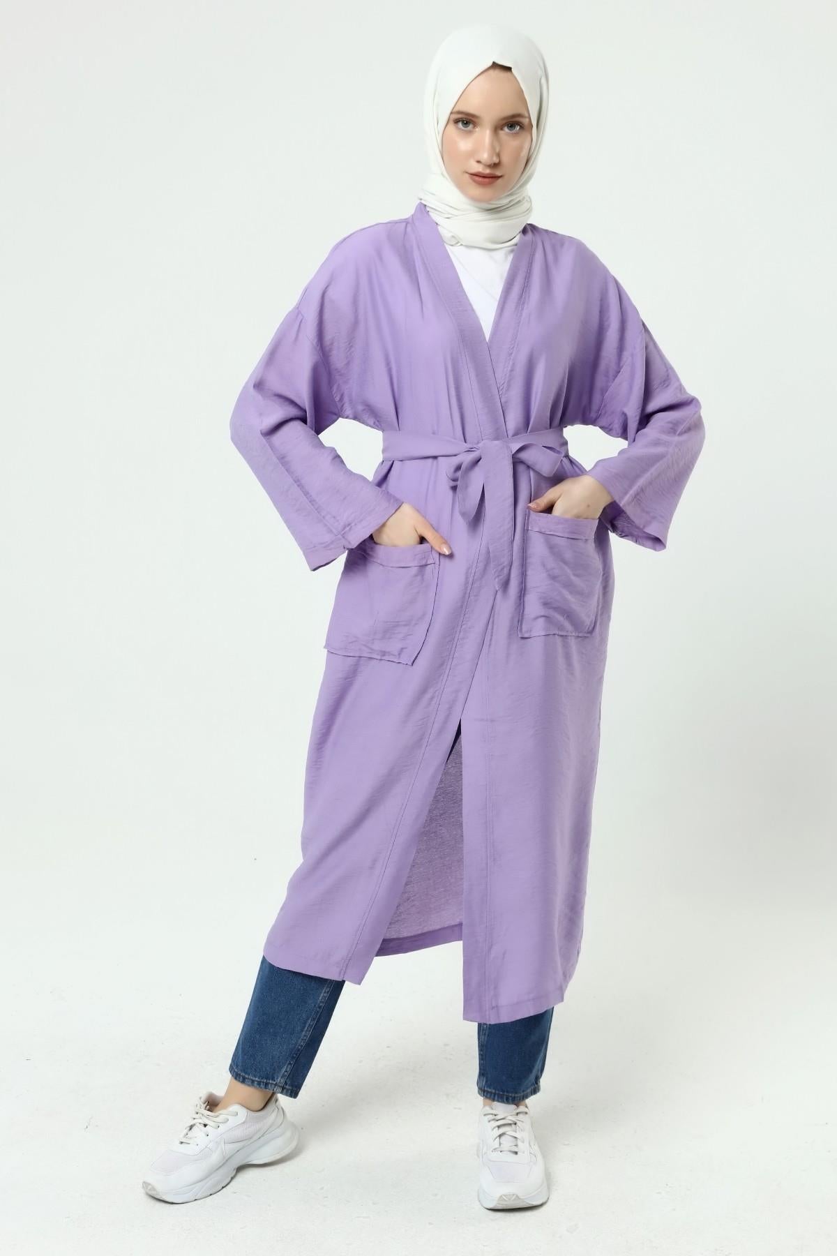 Ciel Kemerli Çift Cepli Kimono - Lila