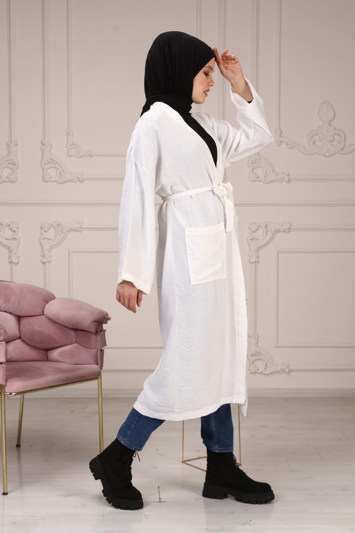 Kadın Kemerli Çift Cepli Kimono