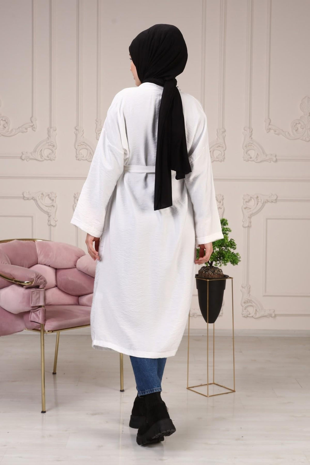 Ciel Kemerli Çift Cepli Kimono - Beyaz
