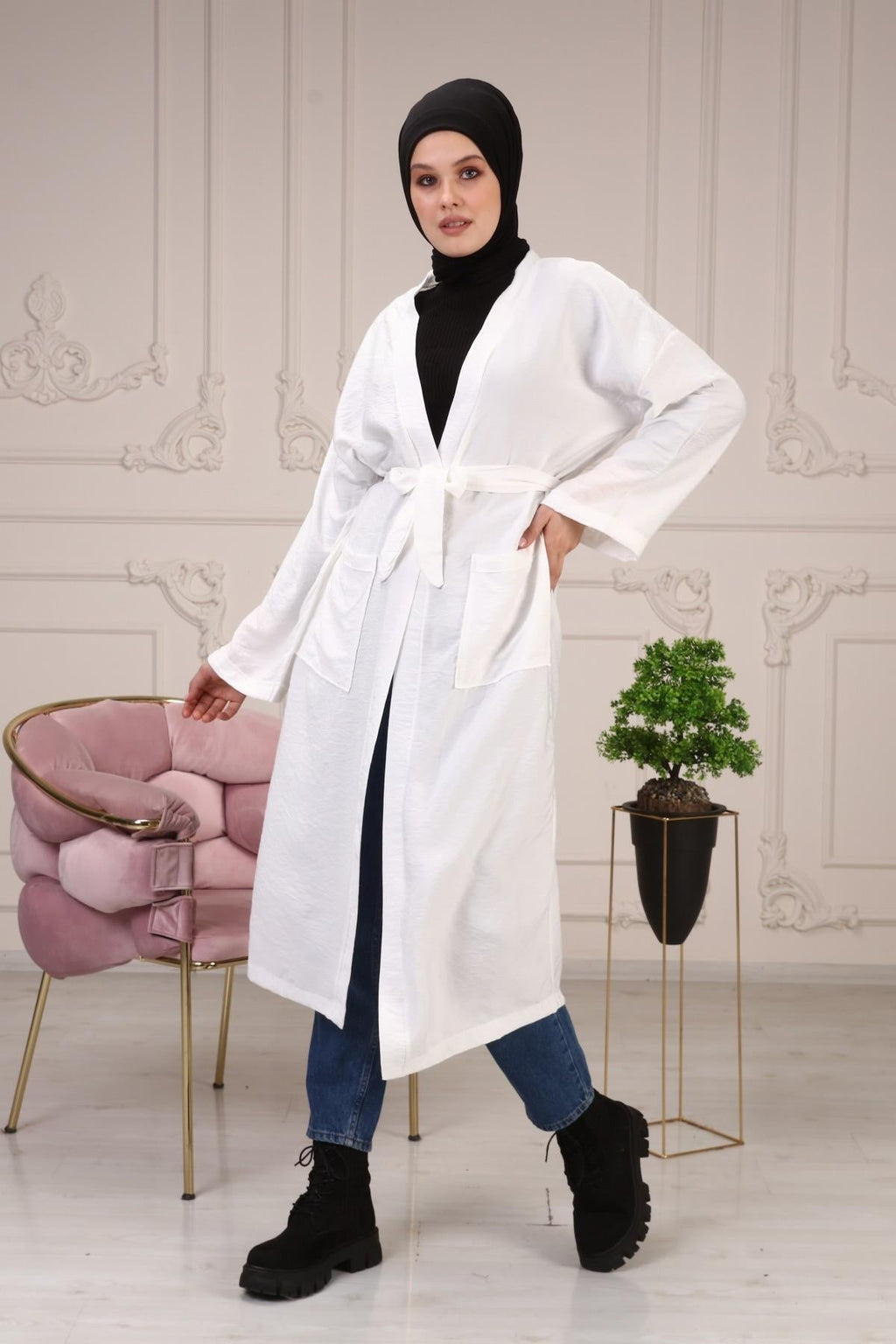 Ciel Kemerli Çift Cepli Kimono - Beyaz