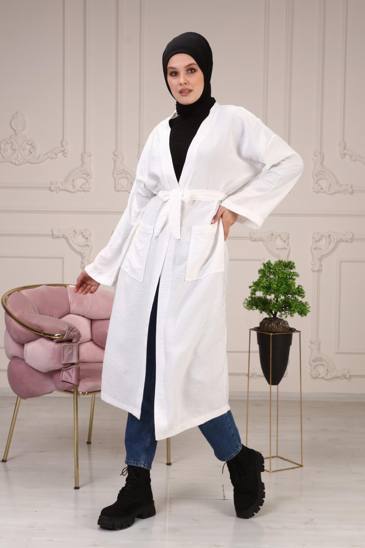 Kadın Kemerli Çift Cepli Kimono