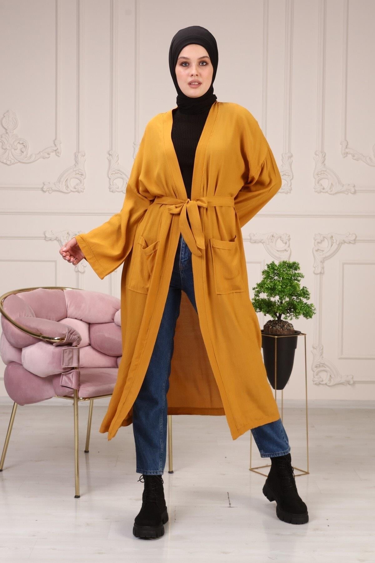 Ciel Kemerli Çift Cepli Kimono - Hardal