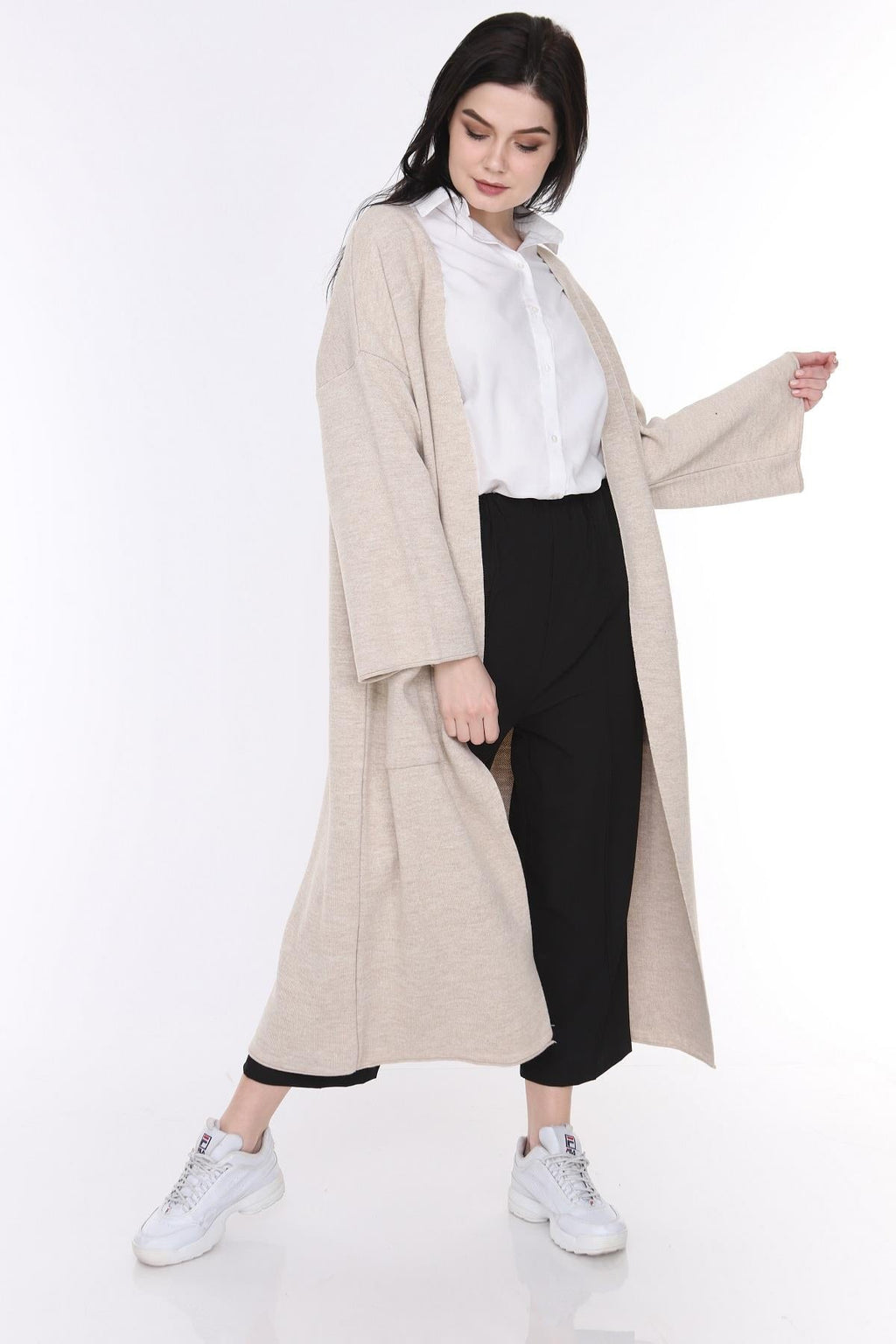Liva Kimono Kol Cepli Triko Hırka - Taş