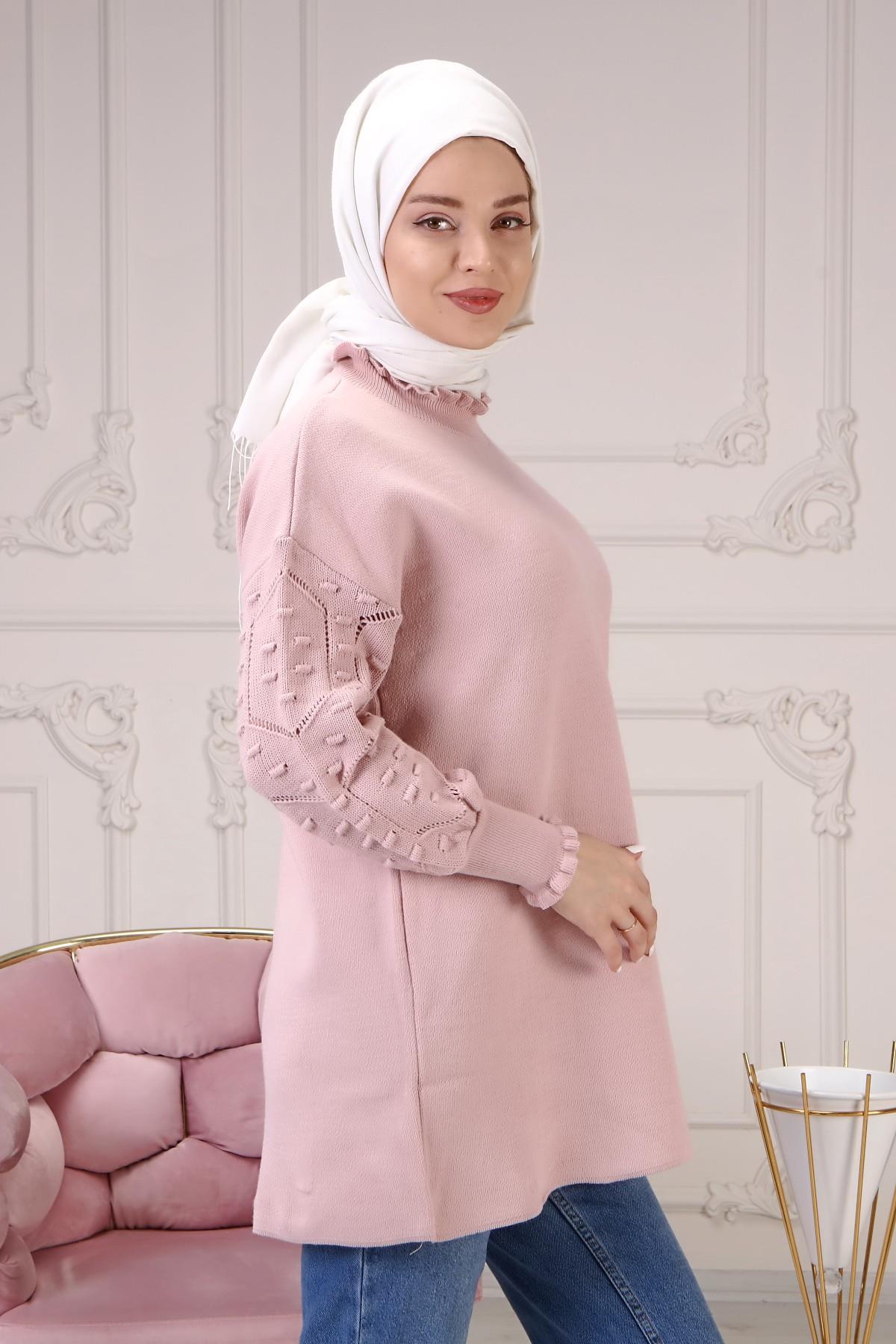 Kadın Kolu Desenli Triko Kazak