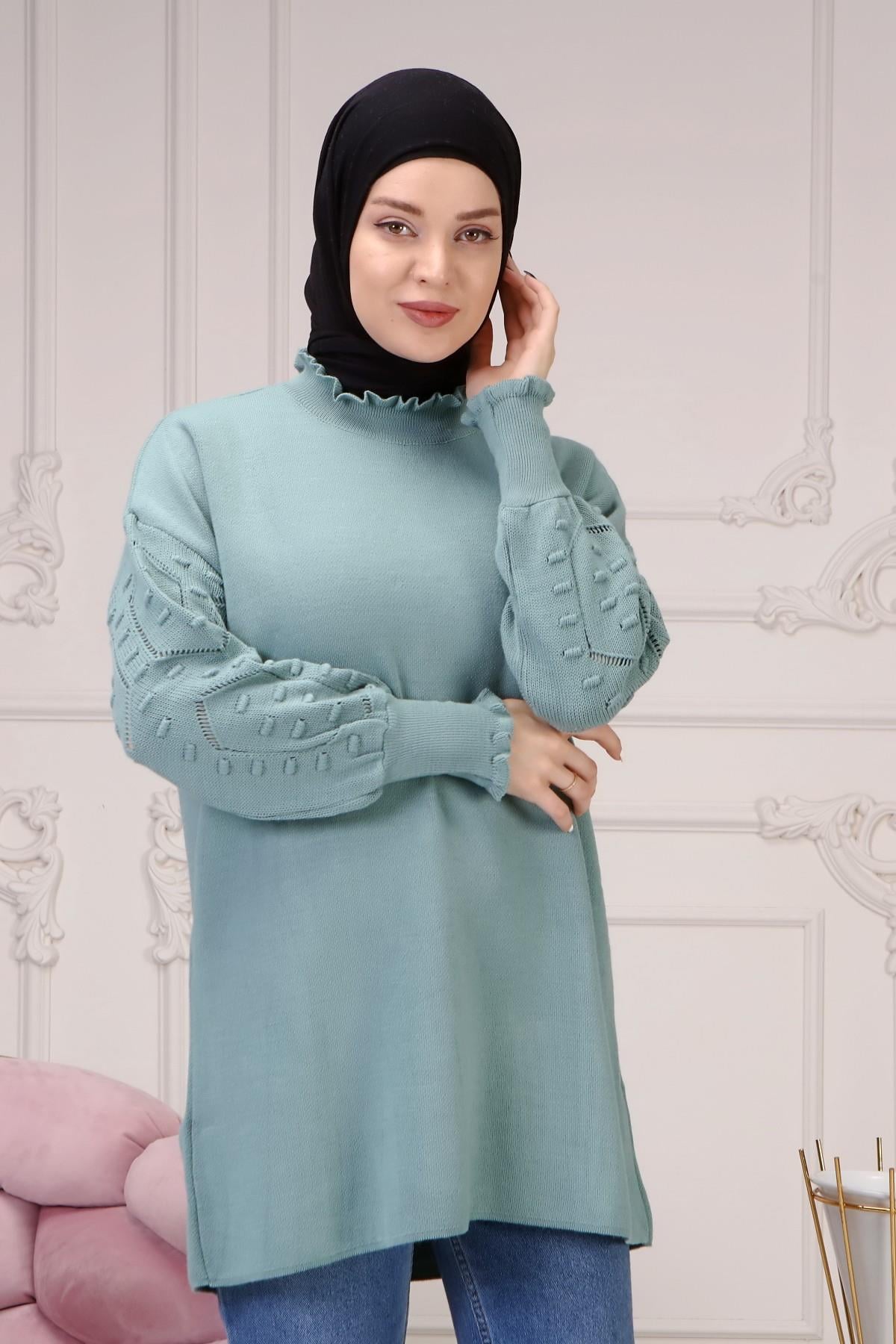 Kadın Kolu Desenli Triko Kazak