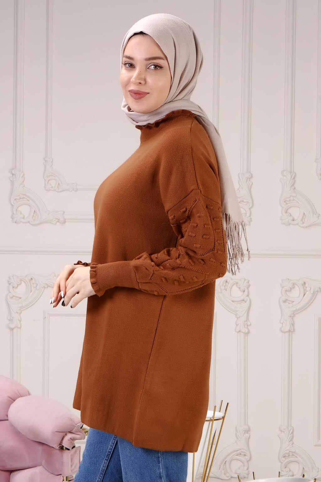 Lara Kolu Desenli Triko Kazak - Taba