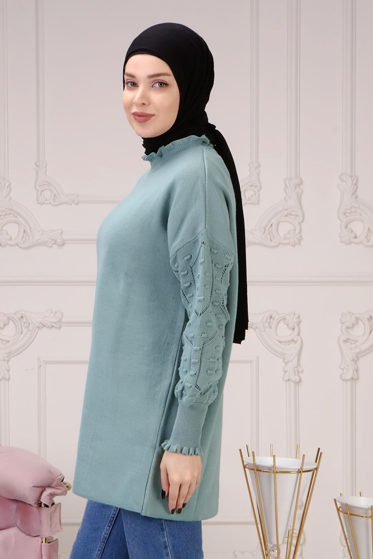 Kadın Kolu Desenli Triko Kazak