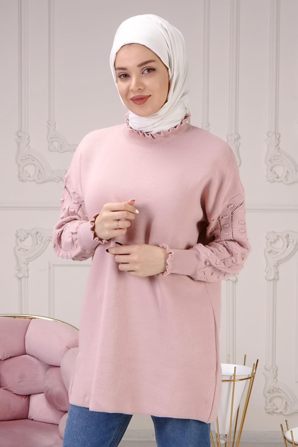 Lara Kolu Desenli Triko Kazak - Pudra