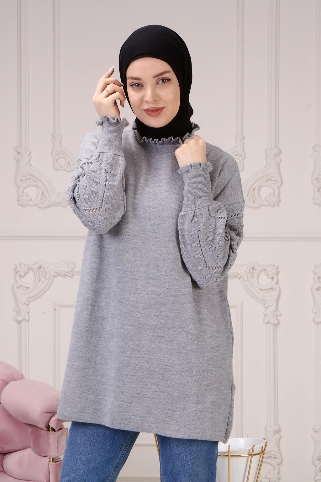 Lara Kolu Desenli Triko Kazak - Gri