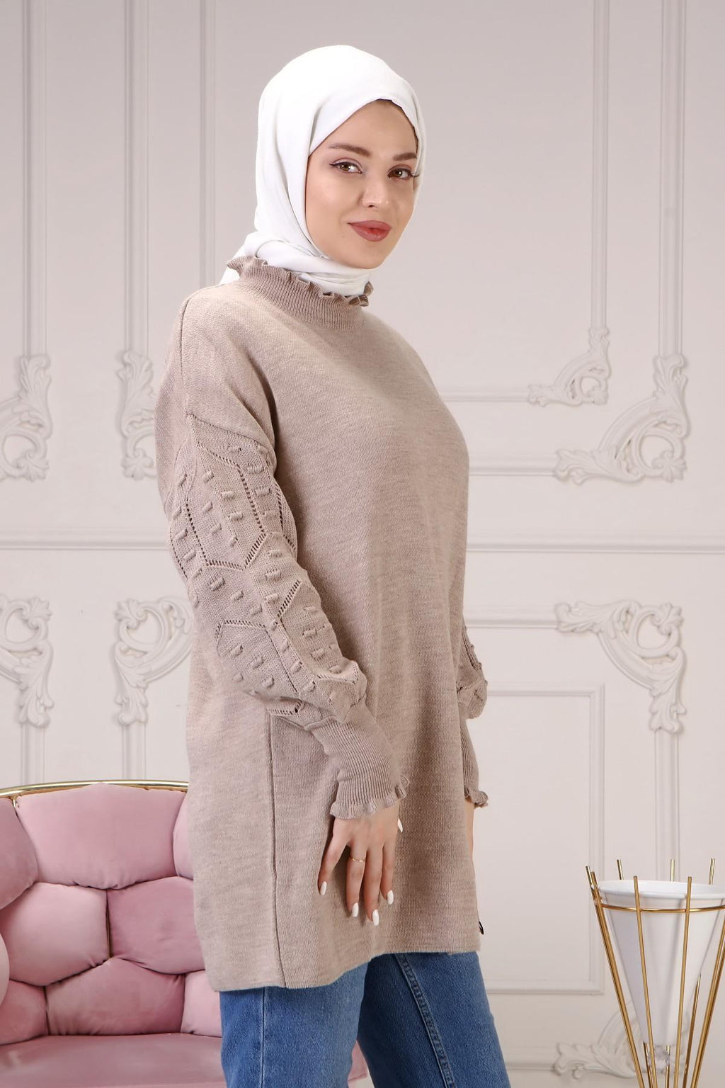 Lara Kolu Desenli Triko Kazak - Vizon