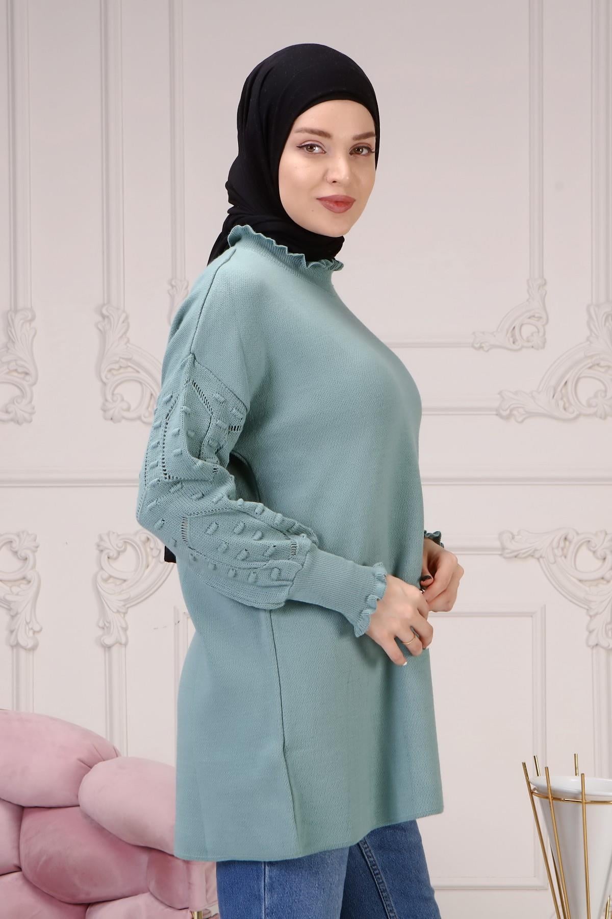 Kadın Kolu Desenli Triko Kazak