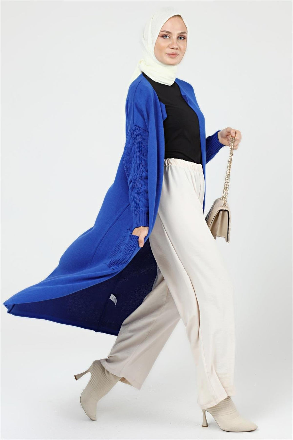 Nia Kolu Saç Örgülü Cepli Garnili Triko Kimono Hırka - Saks