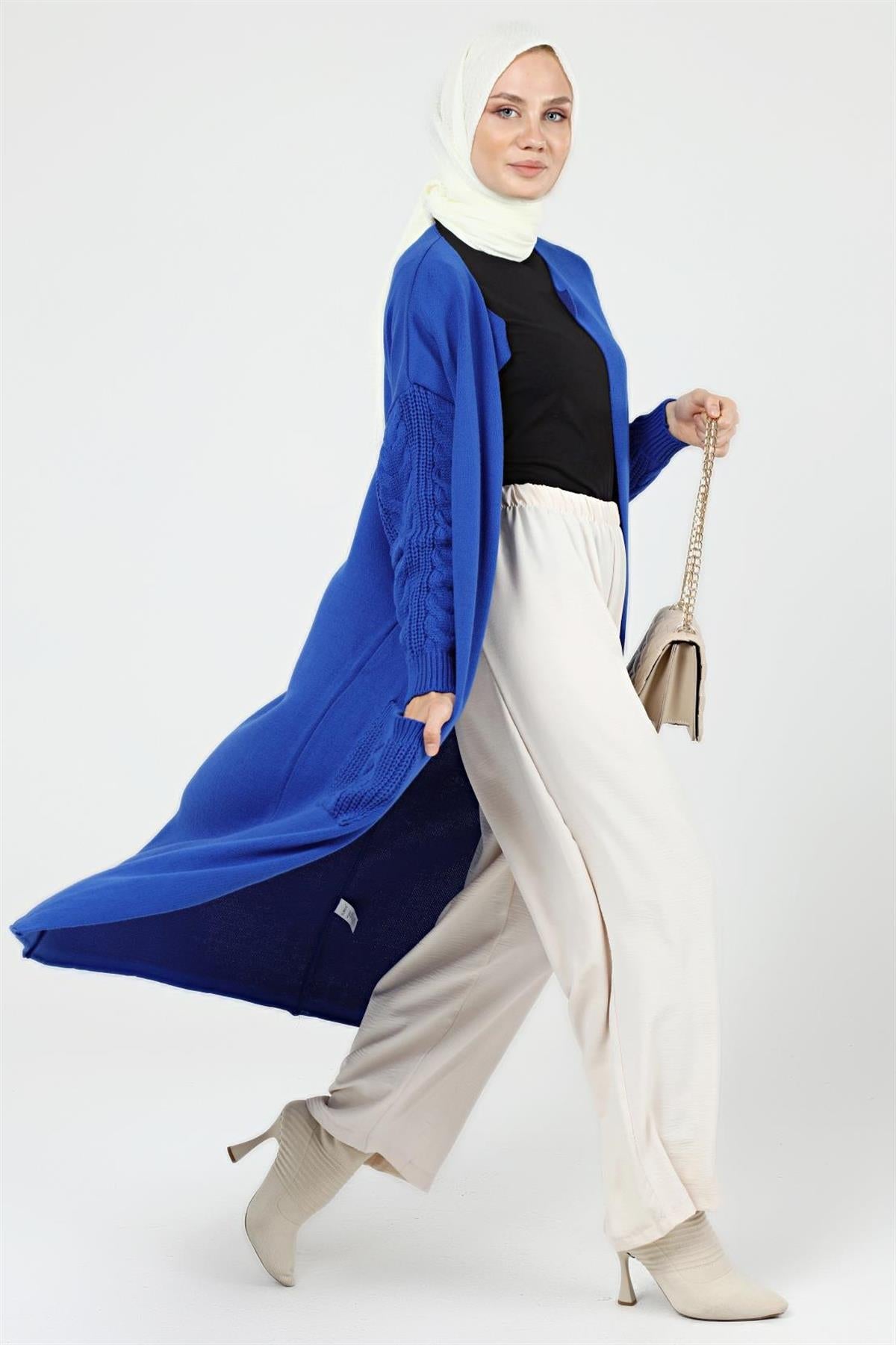 Kadın Kolu Saç Örgülü Cepli Garnili Triko Kimono Hırka