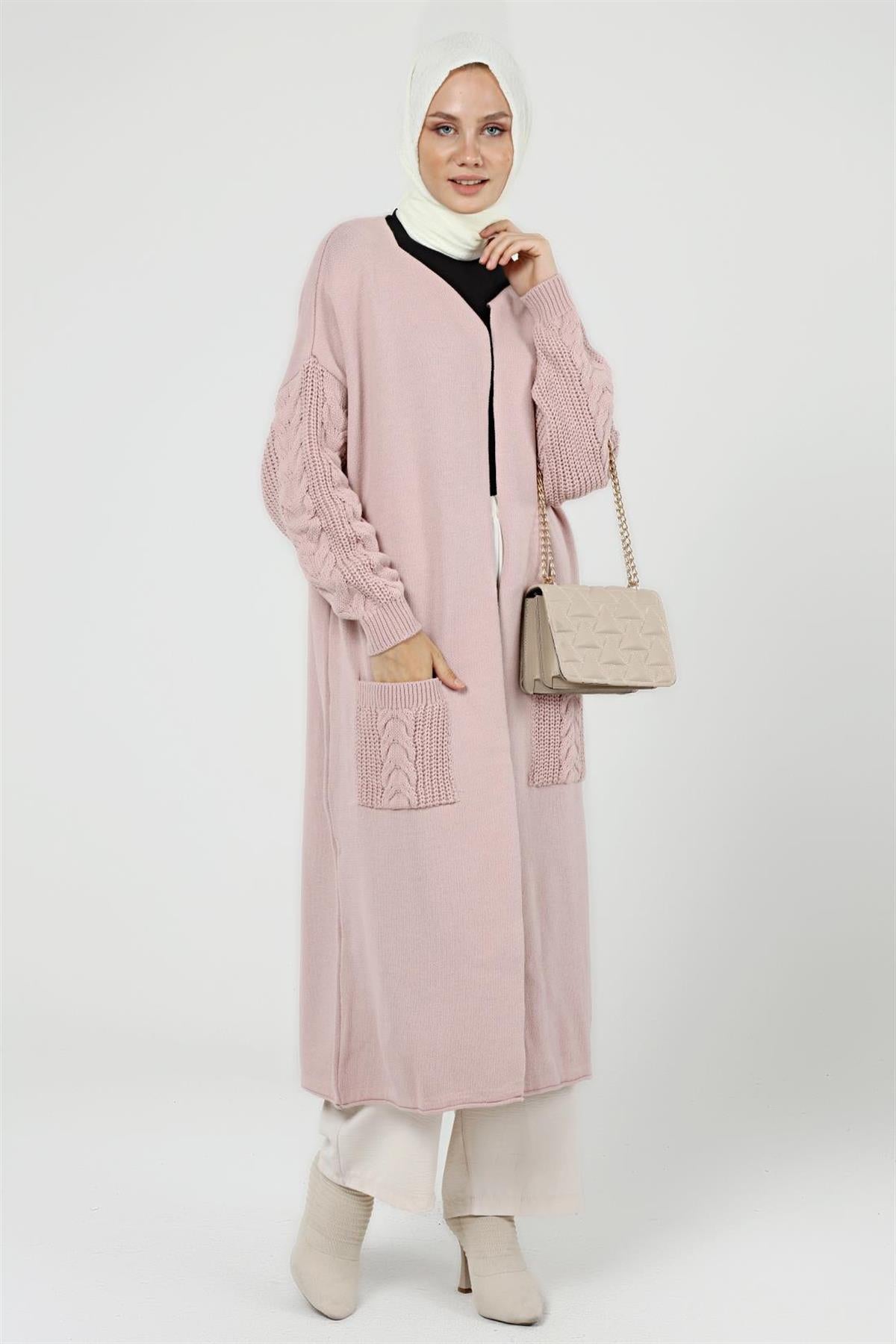 Kadın Kolu Saç Örgülü Cepli Garnili Triko Kimono Hırka