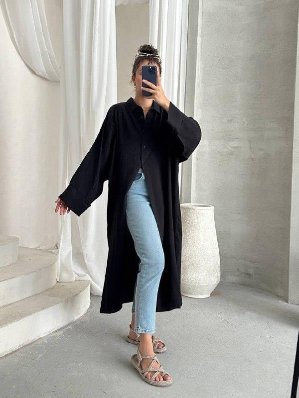 Siyah Modal Oversize Panço Gömlek